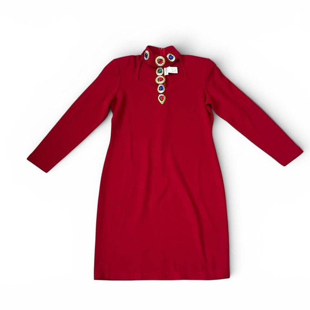 Vintage Outlander Wool Blend Long Sleeve Dress Gemstone Jewel Neckline Red Bold
